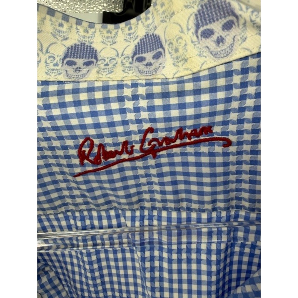 Robert Graham Mens 3XL Blue Gingham Check Skull Contrast Collar LS Plaid Shirt